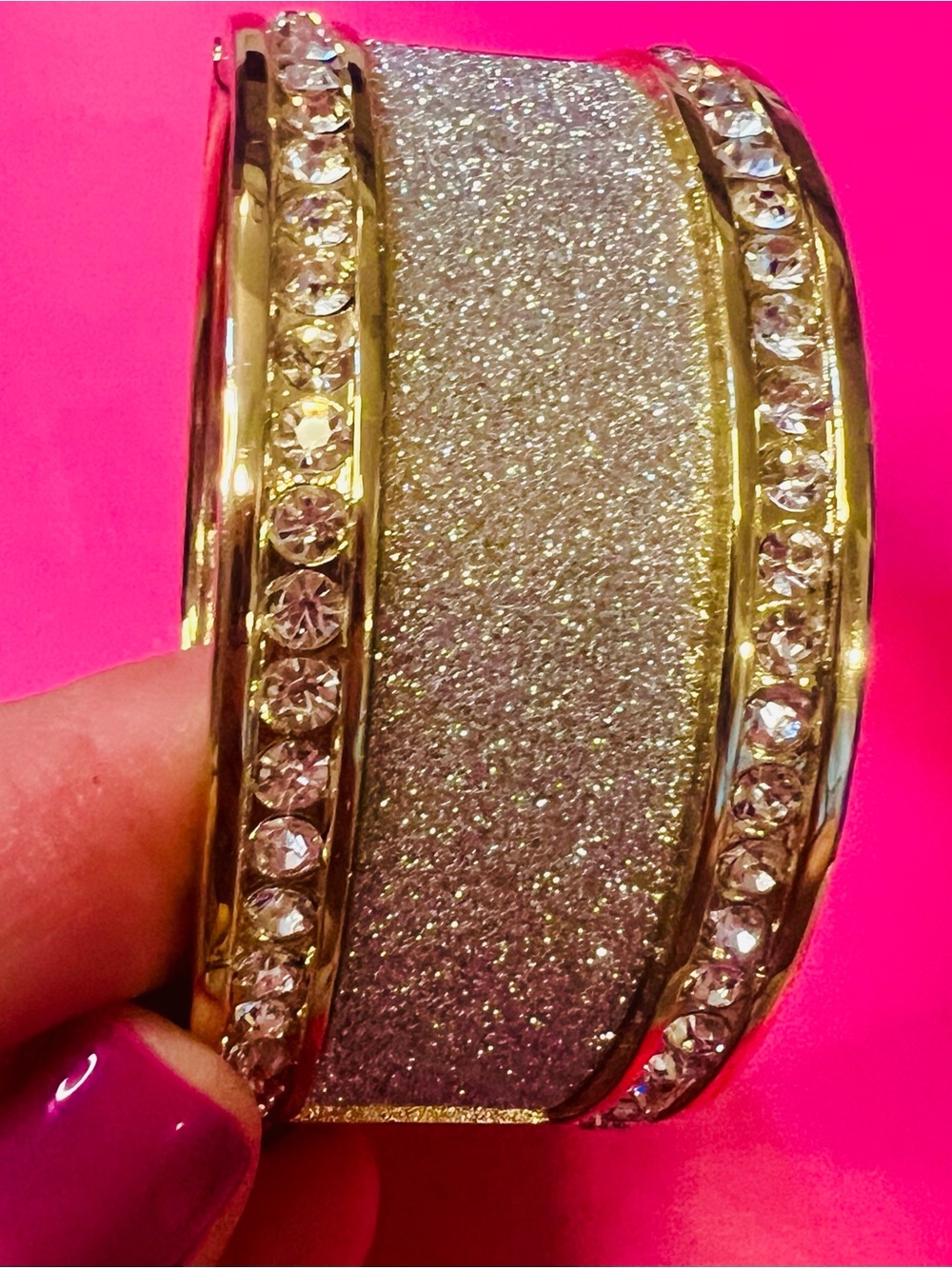 Gold Toned Glitter and Rhinestone Bangle Cuff Bracelet